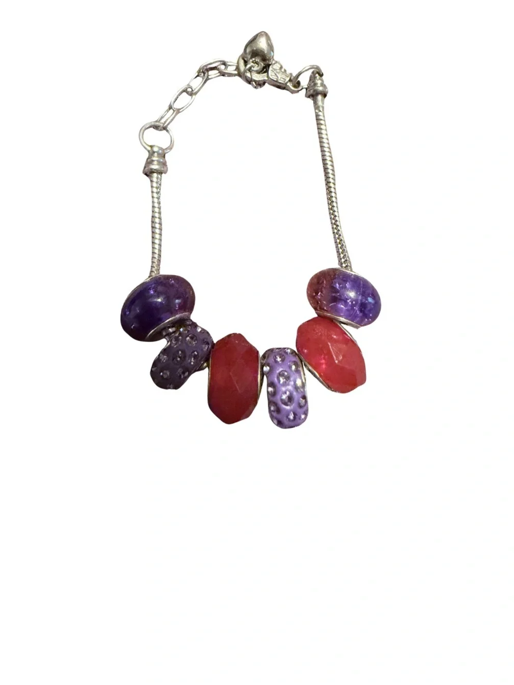 Silver Charm Bracelet with Purple and Red Glass Beads